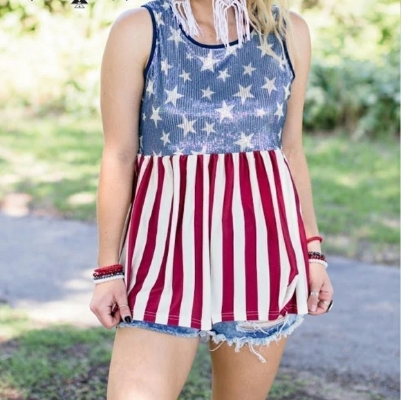 NWOT Crazy Train patriotic Sparkle Spangled bling sequin Tank top sz Small - Med - Picture 5 of 9